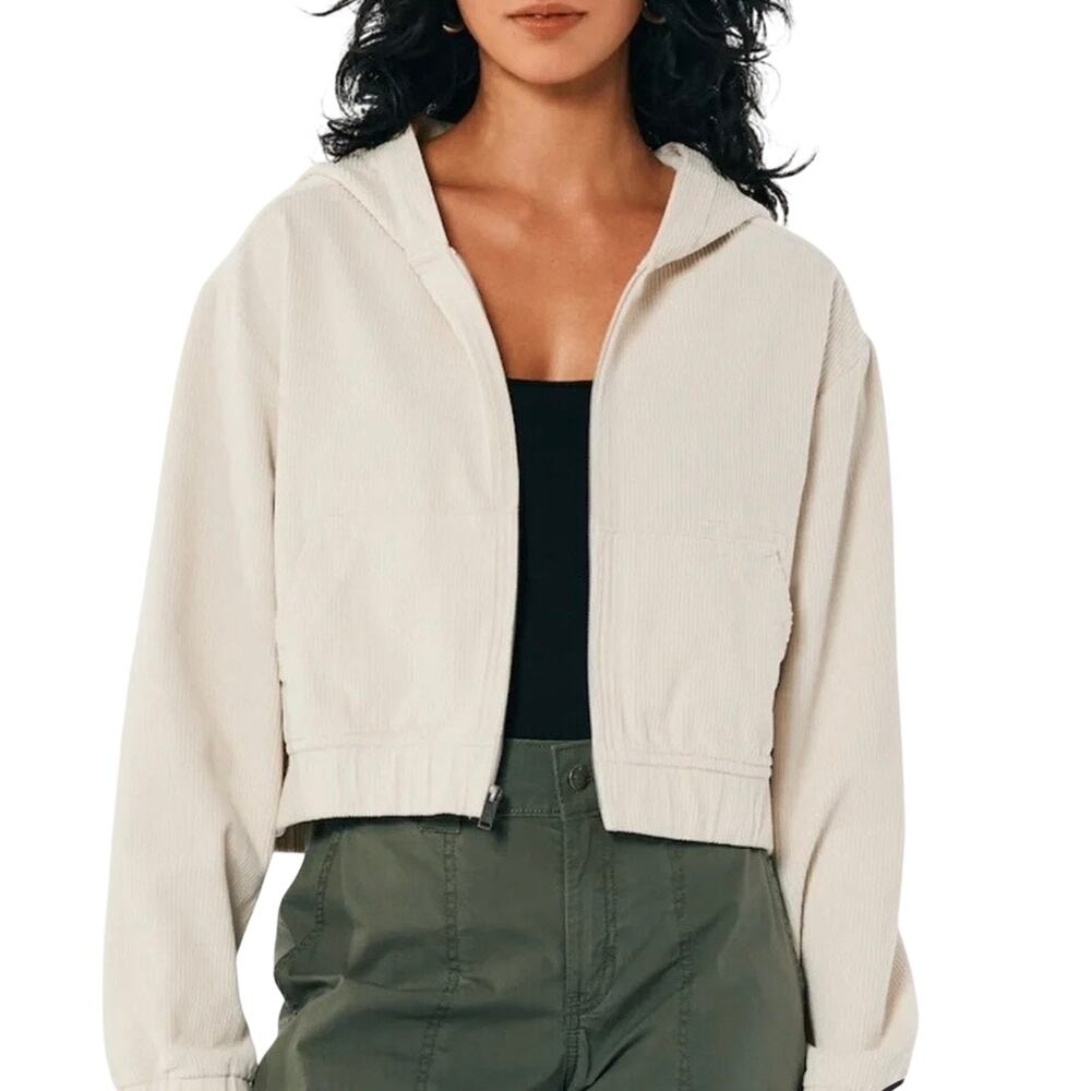 Hollister Cream Cropped Corduroy Full Zip Hooded Jacket Hoodie Coat Size M